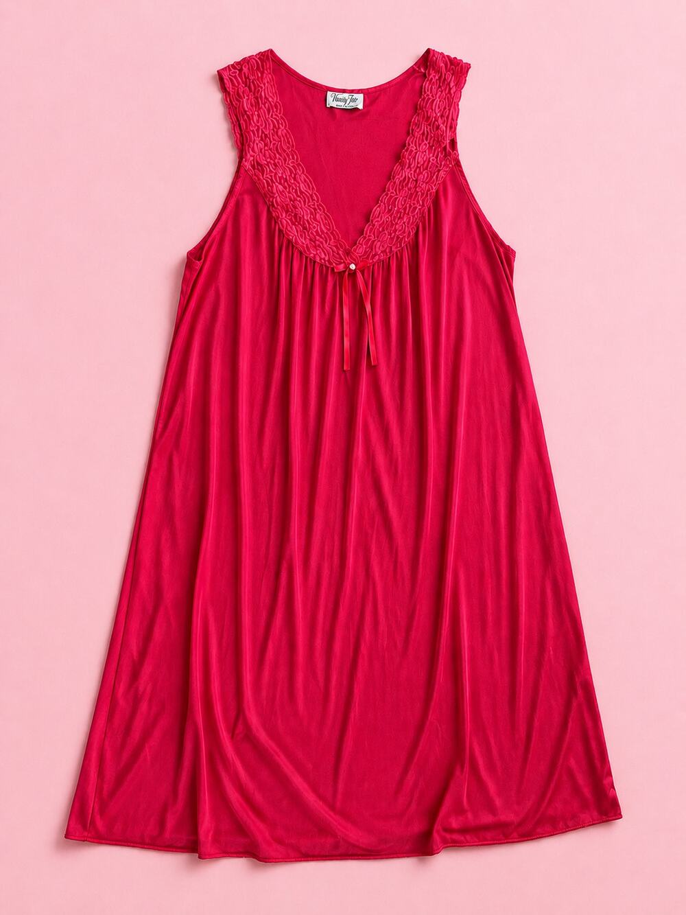 Vintage Vanity Fair Pink Red Lace Trim Nightgown / Lounge Dress Made in USA-M/L
